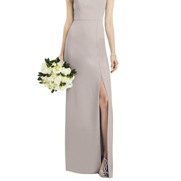 After Six 6822..Spaghetti Strap V-Back Crepe Gown with Front Slit...Taupe...Sz 2 - Picture 2 of 6